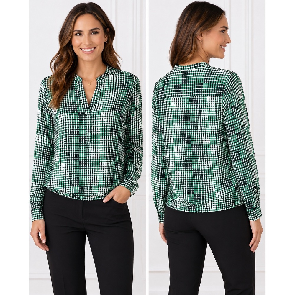 The Limited Green Geometric Dot Print Split V-Neck Bubble Hem Blouse TB735048 M
